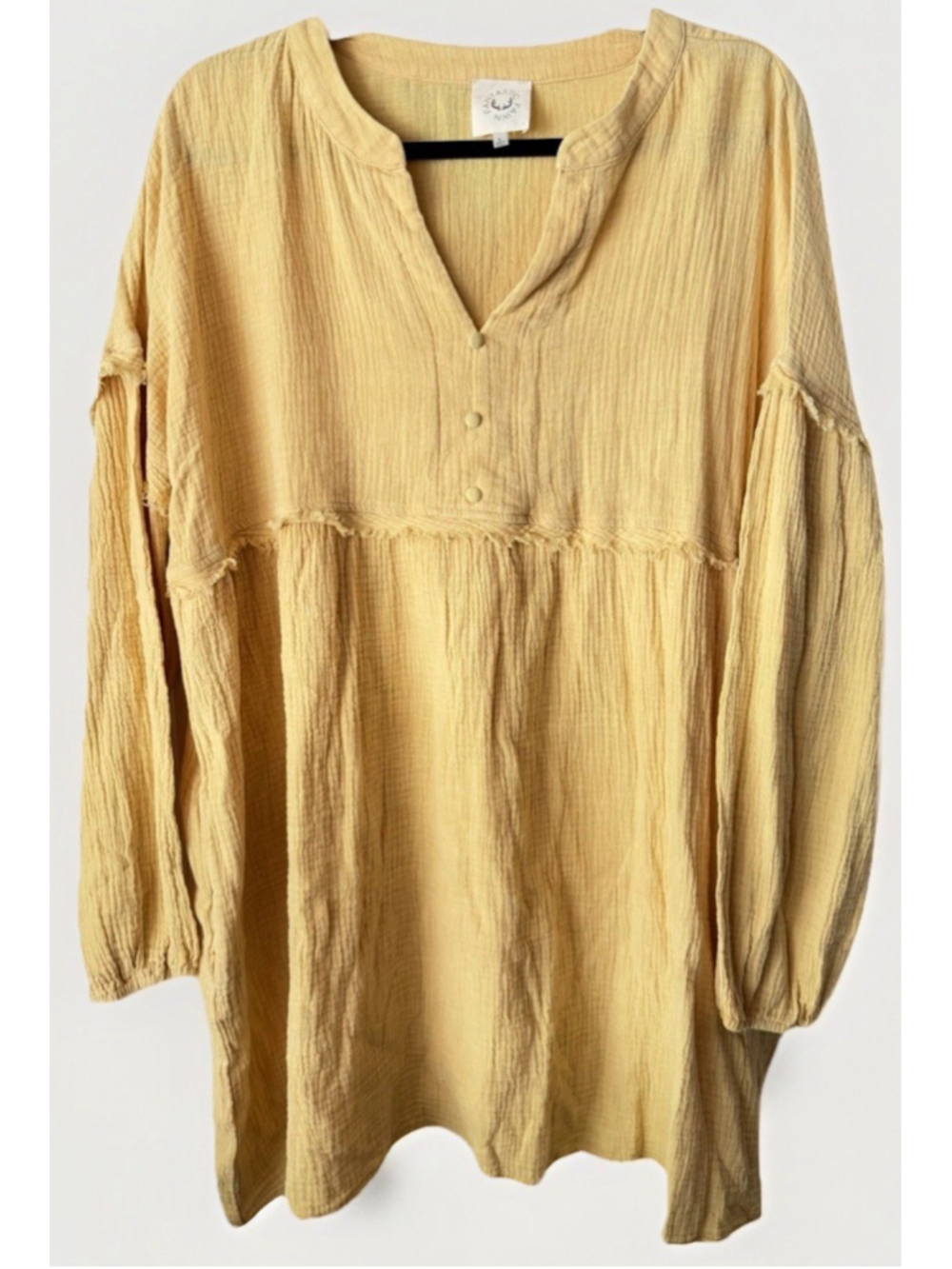 Fantastic Fawn Yellow Gauze Tunic Top Dress Boho L Cotton Frayed Detail Pockets
